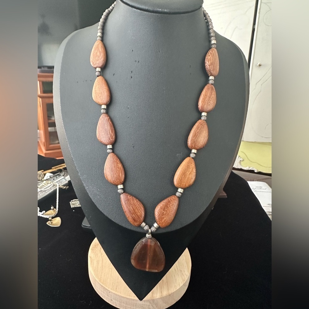 20" Handcrafted Wooden Bead Necklace with Silvertone Accents